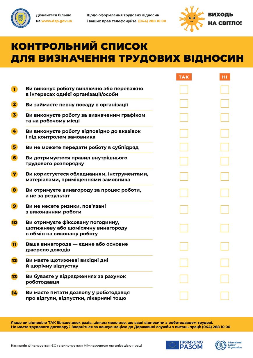 Контрольний список для визначення трудових відносин від держпраці