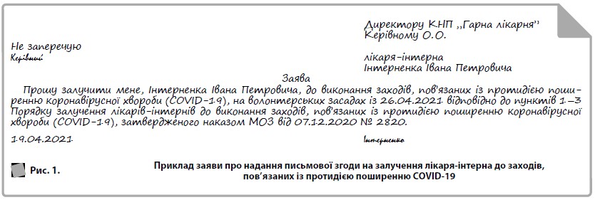 Приклад заяви про надання письмової згоди на залучення лікаря-інтерна до заходів, пов’язаних із протидією поширенню COVID-19